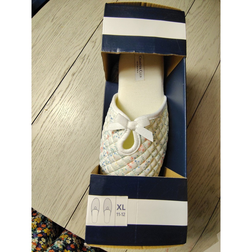 Charter Club‎ Intimates Womens XL 11-12 Quilted Floral Bow Scuff Slippers White